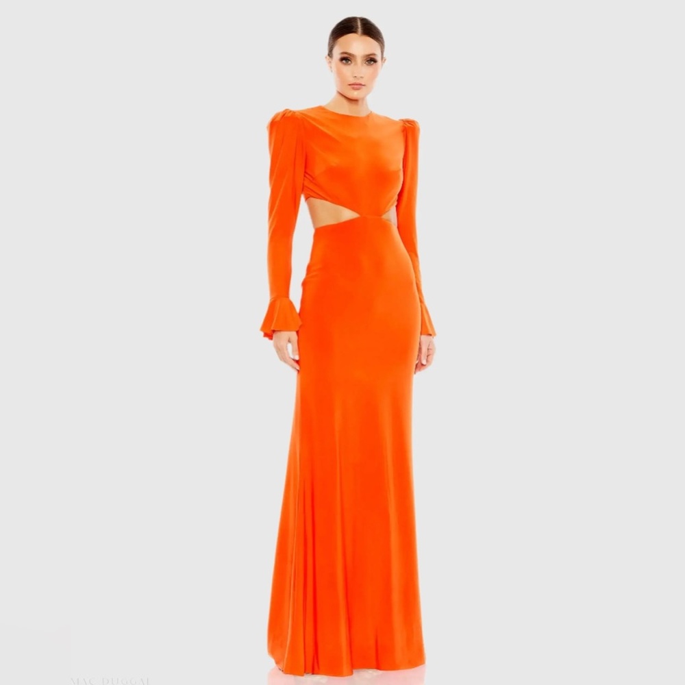 Ieena for Mac Duggal Vibrant Orange Long Sleeve Dress